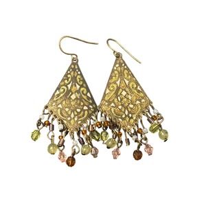 Boho‎ Dangle Earrings Triangle Antique Gold Tone Multi Bead Drop Earrings